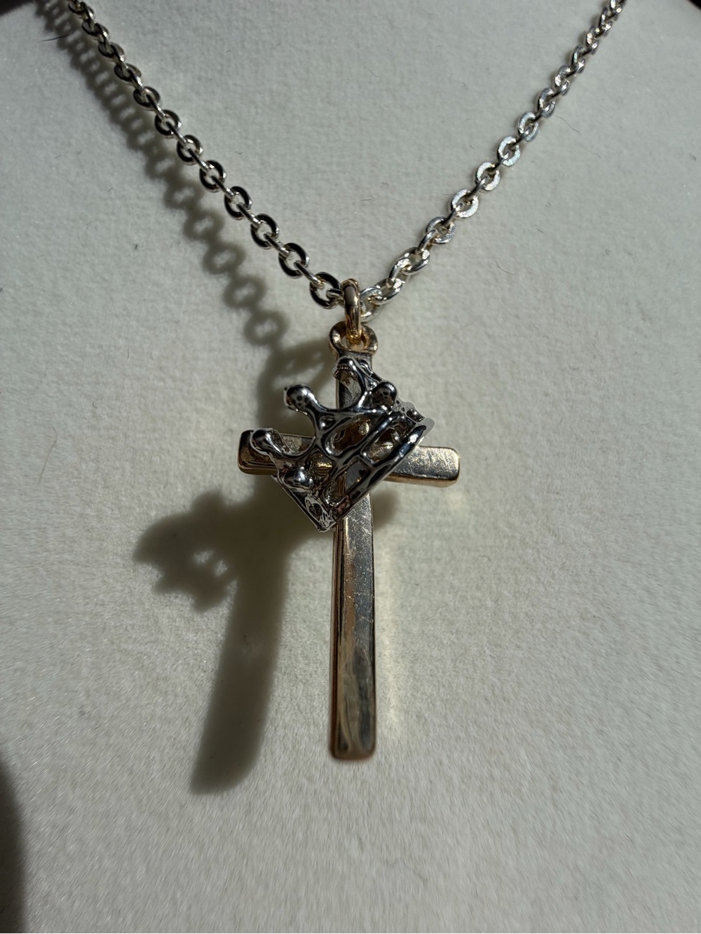 Two-Tone Gold & Silver Cross Crown Pendant Necklace 13”